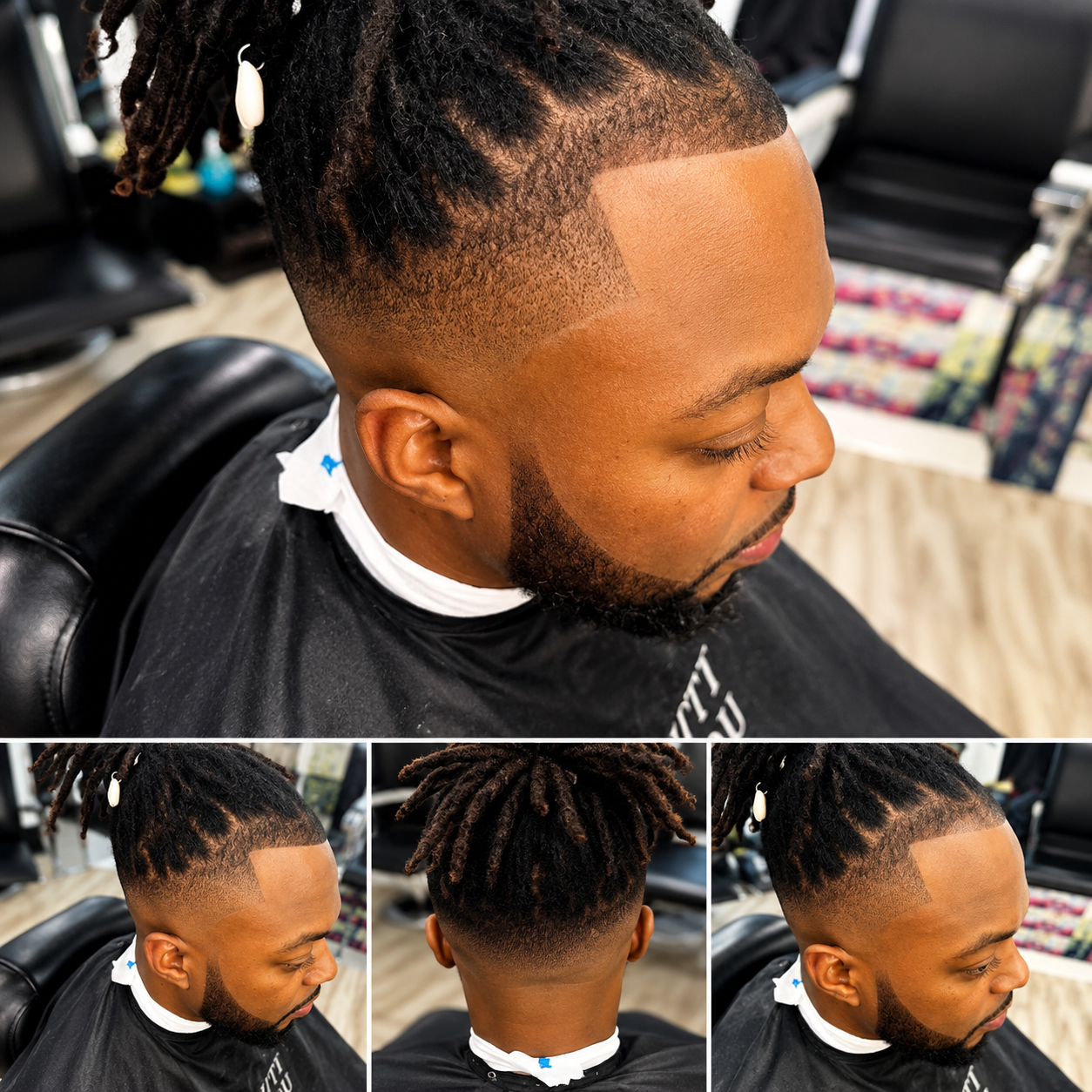 Fade and line design with locs styled up
